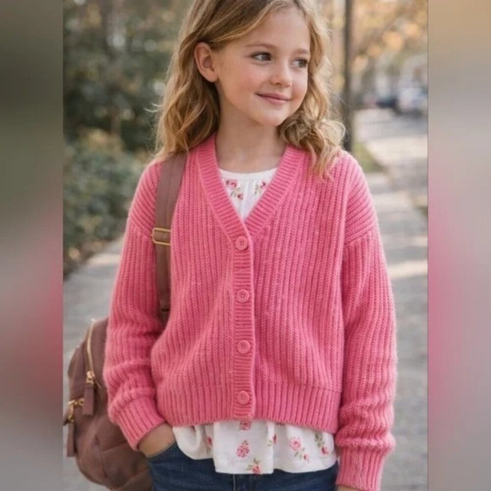 Hanna Andersson Pink Ribbed Button Cardigan